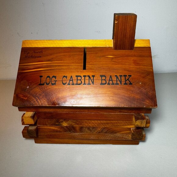 Vintage Log Cabin Bank (Solid Cedar Wood) - Picture 1 of 11